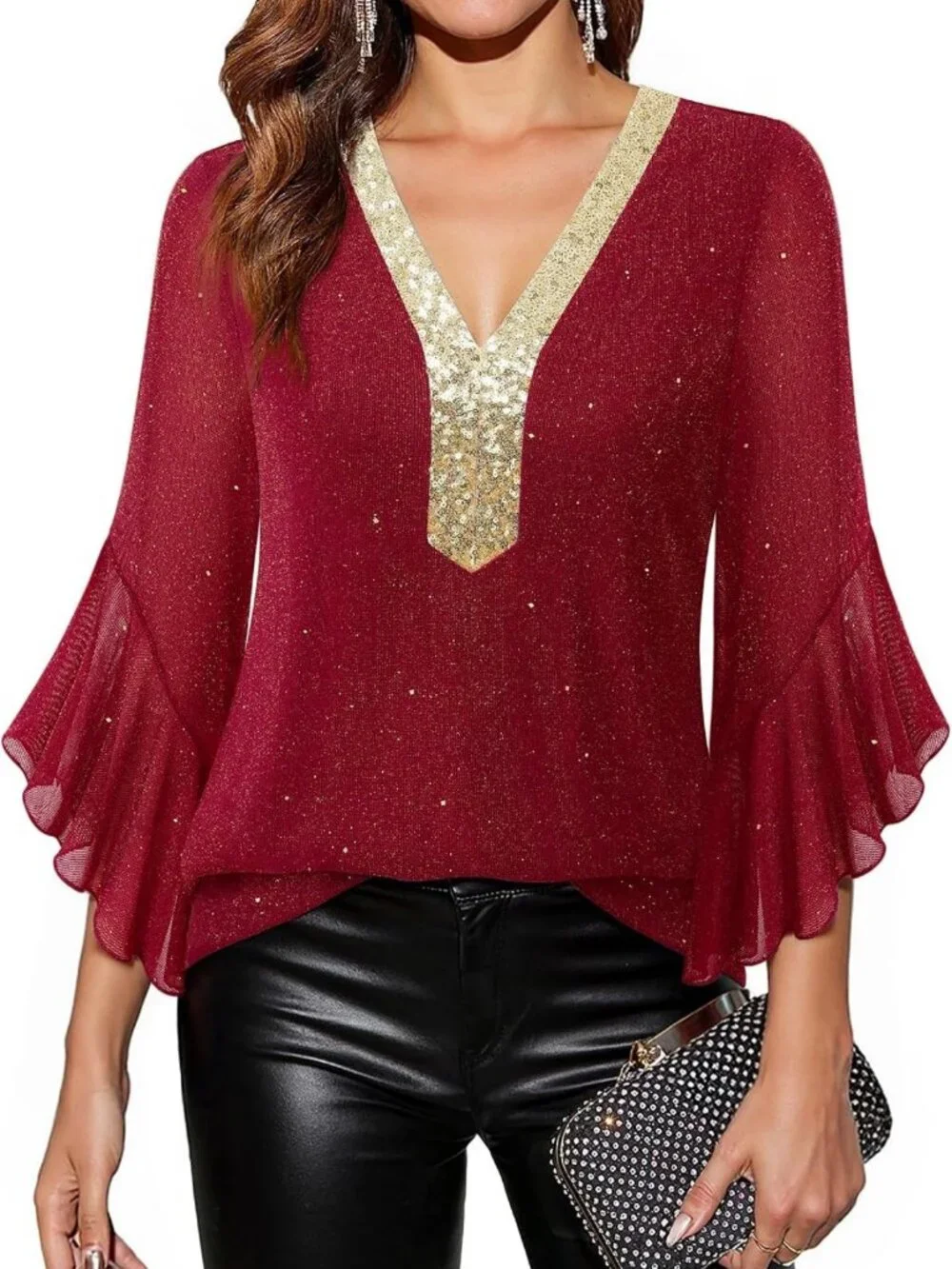 Ruffle 3/4 Sleeve Sparkly Sequin V Neck Blouse - Dressy Fall Top for Women